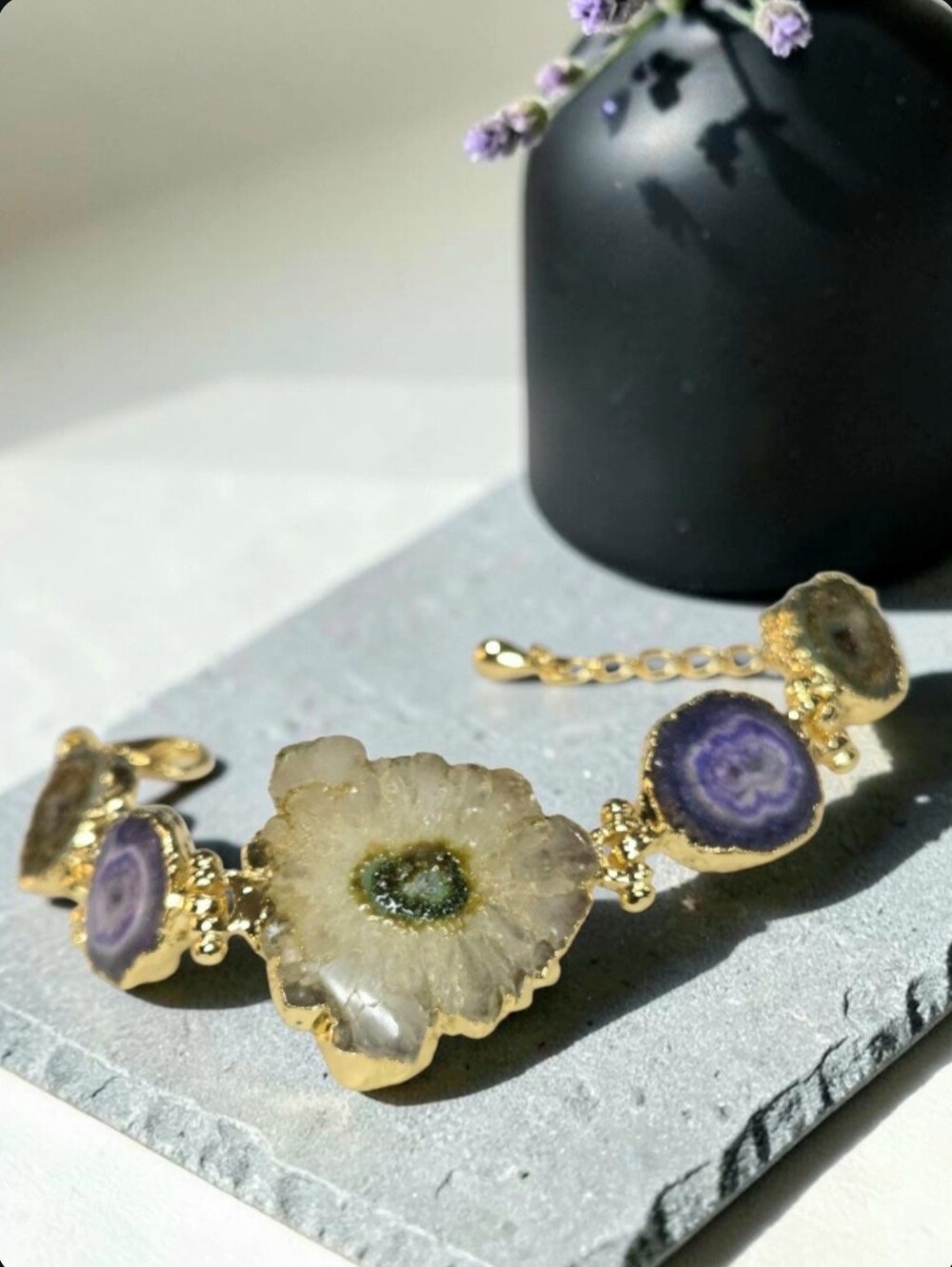 Incredible 18k Gold Plated Solar Flare Amethyst Peridot Agate Stone Bracelet